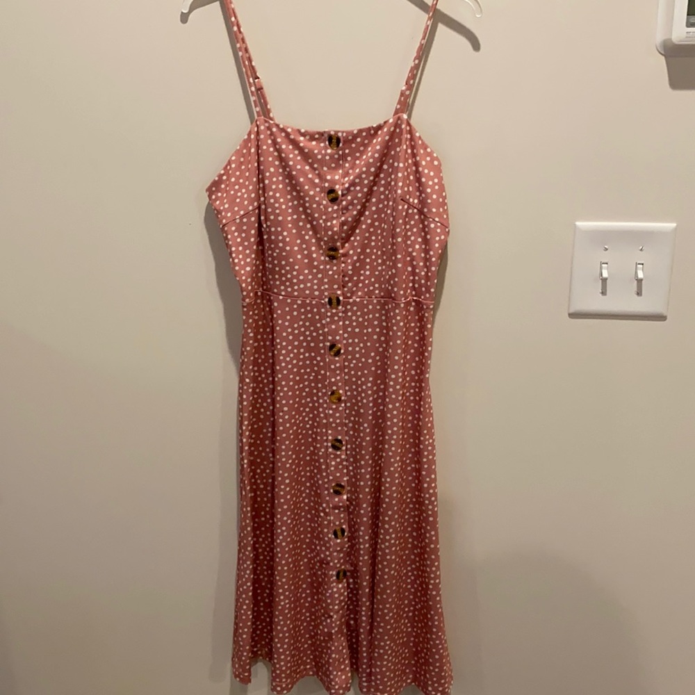Women’s Polka Dot Button-Front Spaghetti Strap Dress - Pink